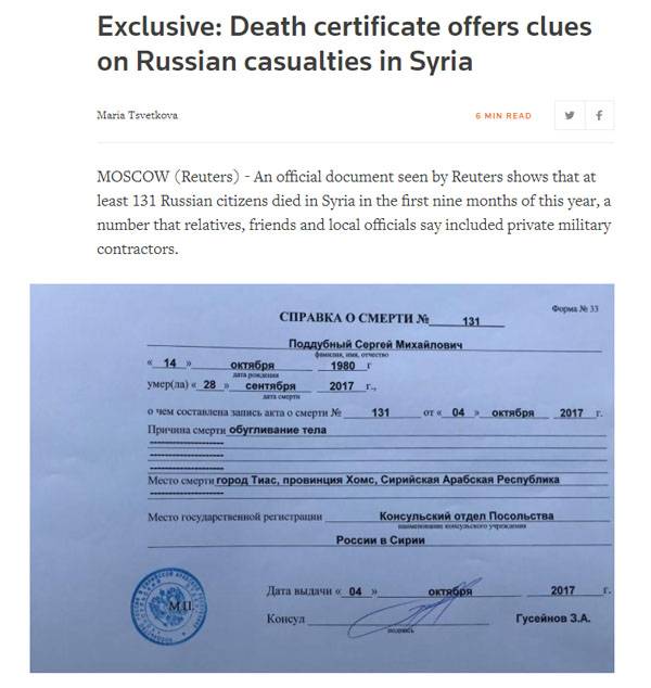 В Reuters подсчитали погибших в Сирии российских "наемников"