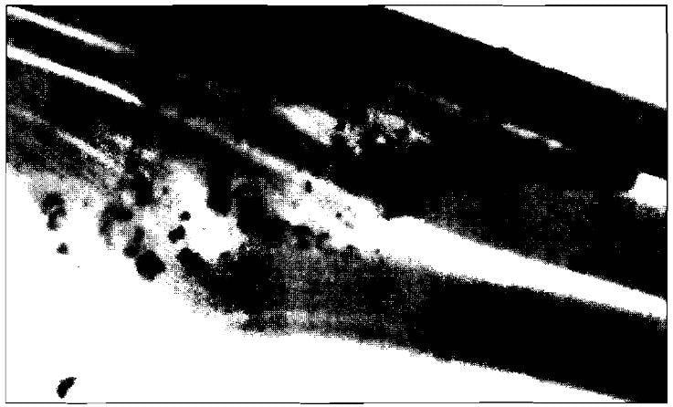 Рентгенограмма движения твёрдосплавного ударника в текстолитовом слое за стальным листом. Источник: «Частные вопросы конечной баллистики»