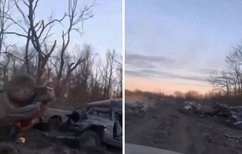 Украинские военные показали десятки разбитых автомобилей своих «побратимов» на последней контролируемой ВСУ дороге из Бахмута