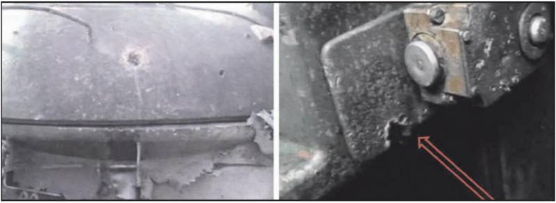 Попадание снаряда «Гвоздики» в правый борт башни Т-54/55. Кумулятивная струя пробила броню, прошла через имитатор заряжающего (условно убит) и попала в казённую часть пушки. Танк полностью выведен из строя: заклинило как пушку, так и разломало её казённик