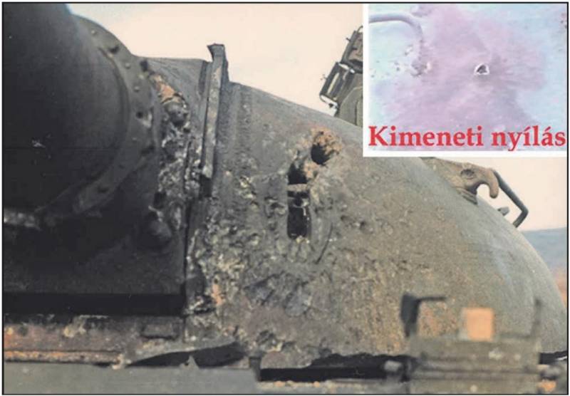 Попадание кумулятивного снаряда Т-72 в левую лобовую часть башни Т-54/55 вблизи от амбразуры оптического прицела наводчика. Уничтожен и вырван с креплений прицел. Кумулятивная струя, пробив броню, условно убила командира и наводчика, достигнув башенной боеукладки и выйдя наружу через кормовую броню башни (изображение выходного отверстия справа вверху приложенного фото). При наличии боевых выстрелов в боеукладке, танк был бы уничтожен. Без них – в долгий ремонт