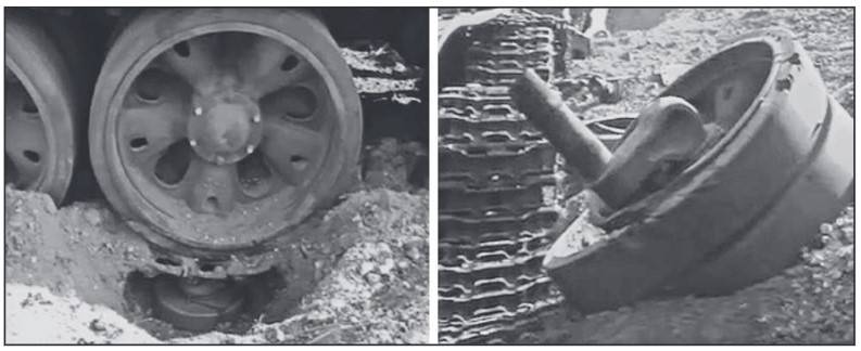 Подрыв мины ТМ-62П3 под вторым опорным катком Т-54. Слева – до, справа – после