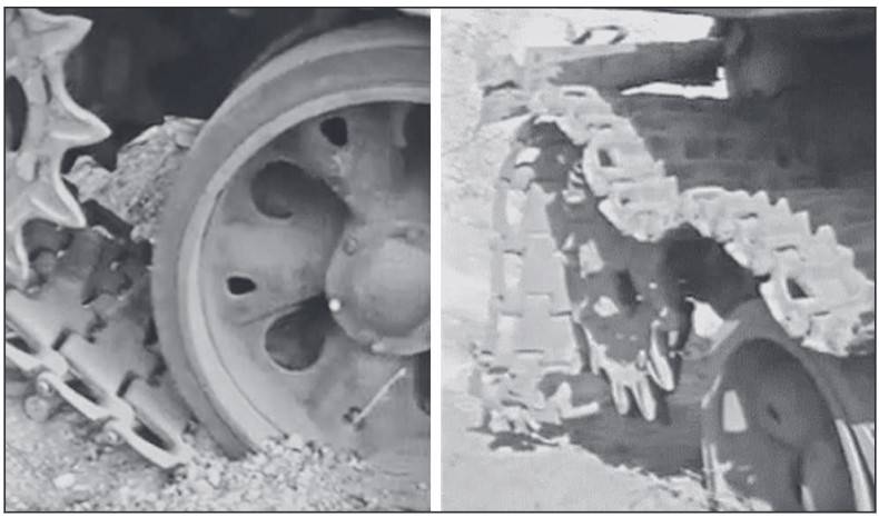 Подрыв мины ТМ-62П3 под ведущим колесом танка Т-54. Слева – до, справа – после