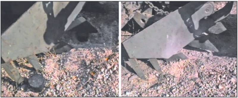 Последствия подрыва мины GYATA-64 у ножевой секции трала. Слева фото до взрыва, справа – после