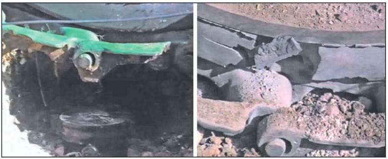 Последствия подрыва мины GYATA-64 под четвёртым опорным катком. Слева фото до взрыва, справа – после