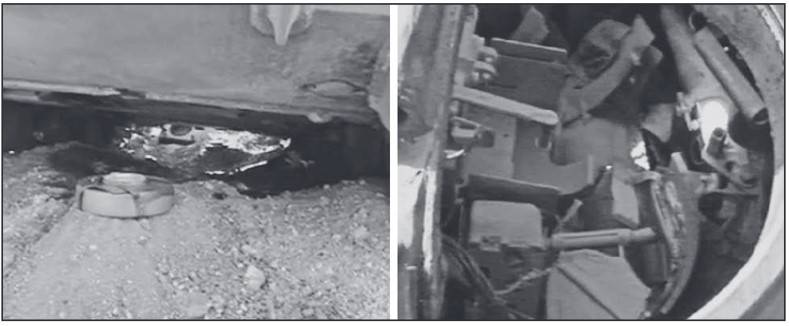 Подрыв мины ТМ-62П3 под днищем Т-54.  Слева – до, справа – последствия взрыва внутри танка