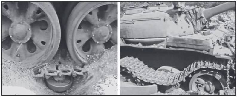 Подрыв мины ТМ-62П3 между третьим и четвёртым опорными катками Т-54. Слева – до, справа – после
