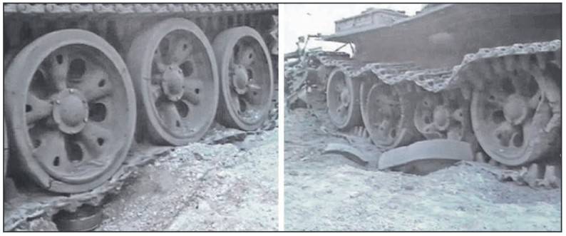 Размещение противотанковой мины UKA-63 под гусеницей и опорными катками на левом фото. На правом запечатлены последствия взрыва