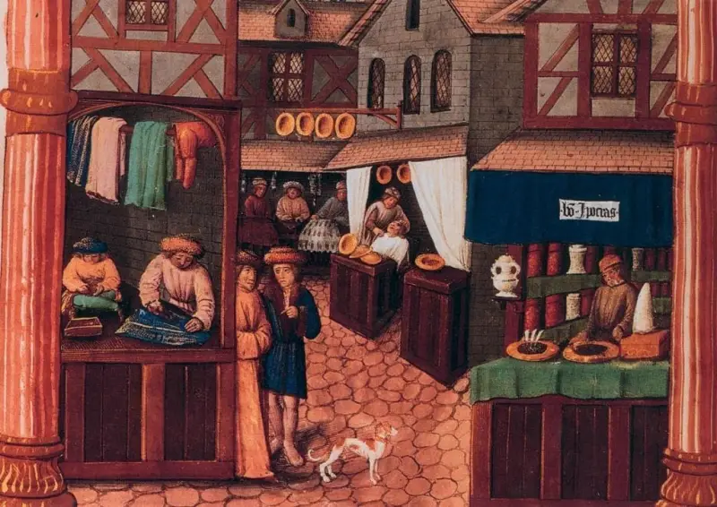 Торговля в средневековом городе. Французская миниатюра XV в.